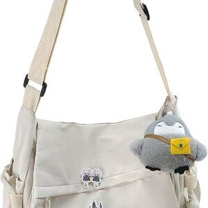 Beige nylon kawaii crossbody bag with pins, plush toy, adjustable strap, lightwe